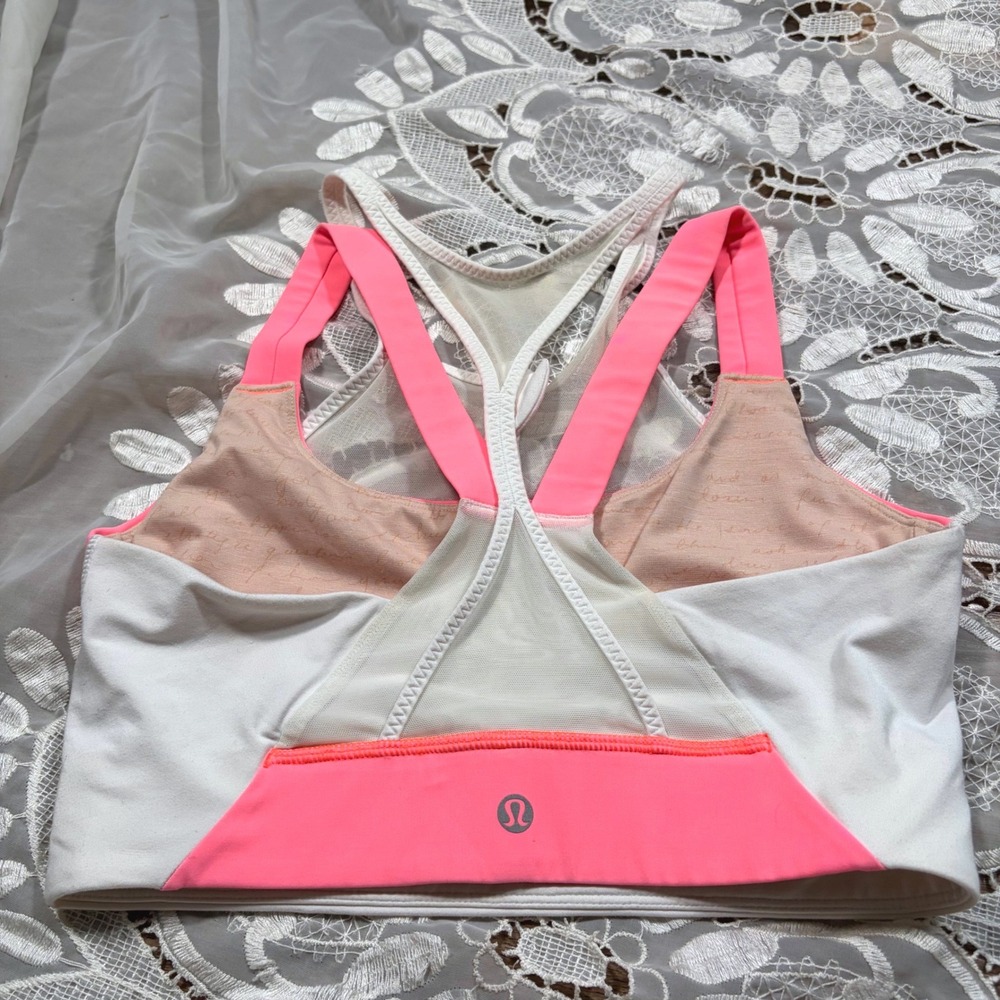 Lululemon High Neck Mesh Front Zip Sports Bra Pink White Size 8 0860
